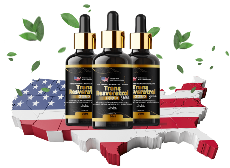 Três frascos de Trans Resveratrol Gold em uma composição com folhas e mapa dos Estados Unidos